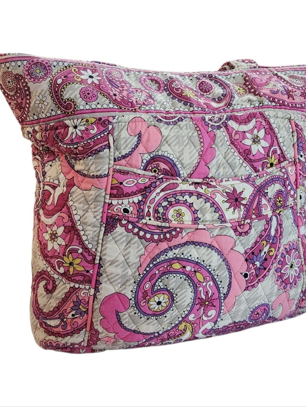 Vera Bradley Quilted Tote Shoulder Bag – Pink Paisley Floral Pattern 14" Wide - Picture 4 of 15